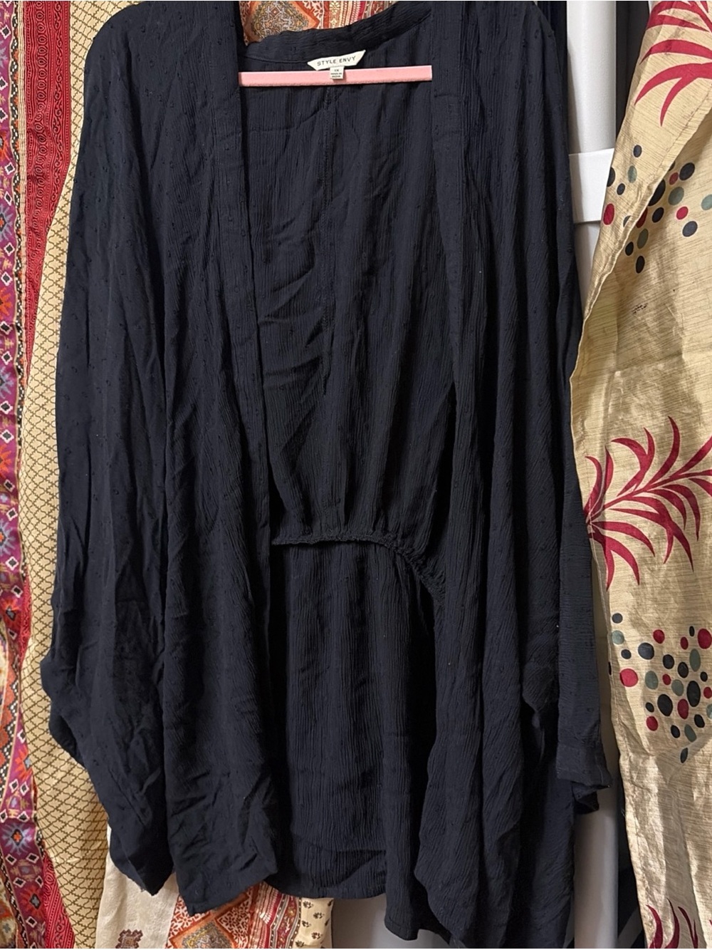Style Envy black pointelle kimono cardigan kaftan swim cover up OSFM boho 1x